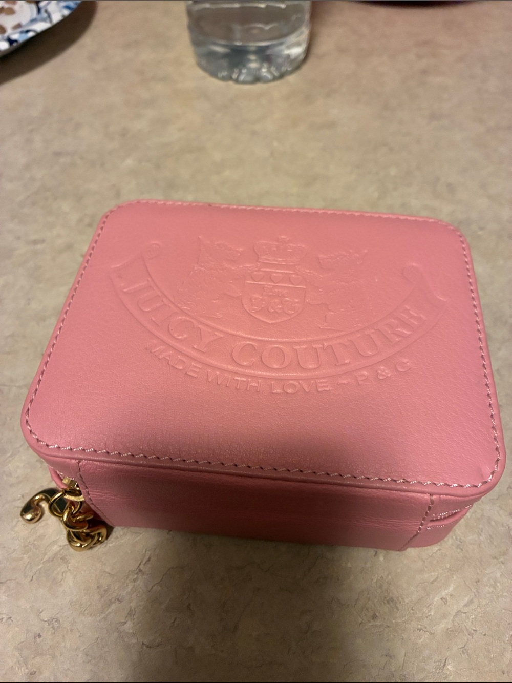 Juicy Couture Pink Embossed Leather Cosmetic Case with Gold Hardware